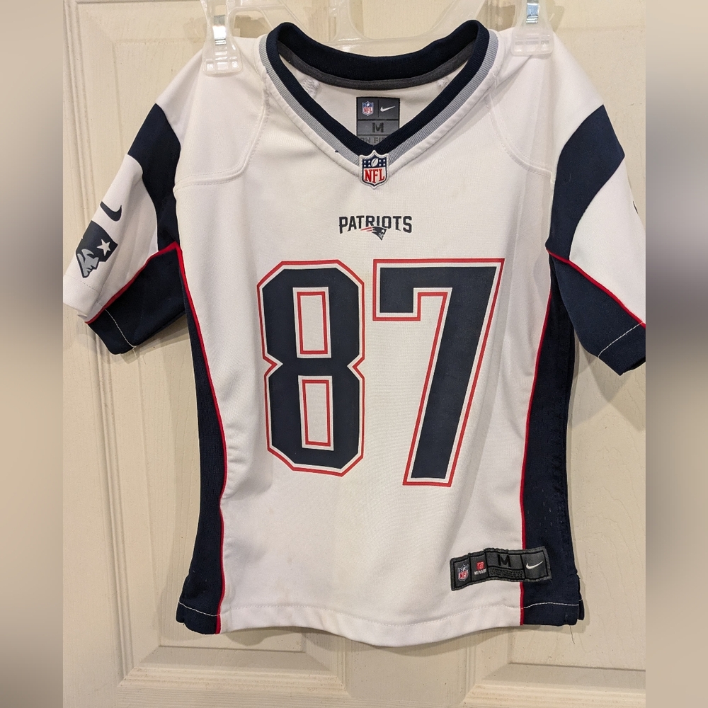 Nike On Field Patriots #87 Gronkowski Kids MED 5/6 White Jersey Some Staining